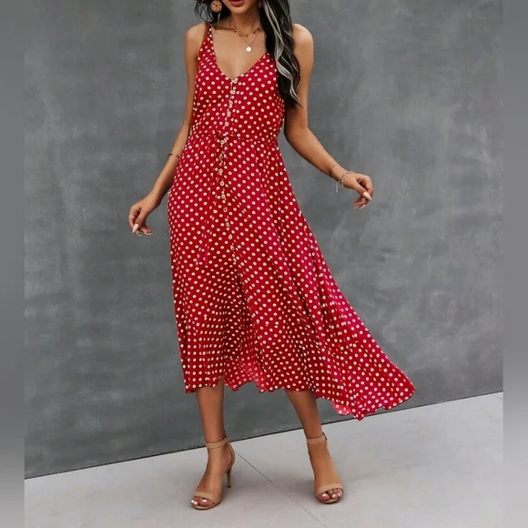 New Chic Flowy Polka Dot Button Front Cami Dress Midi Red White - Picture 3 of 8